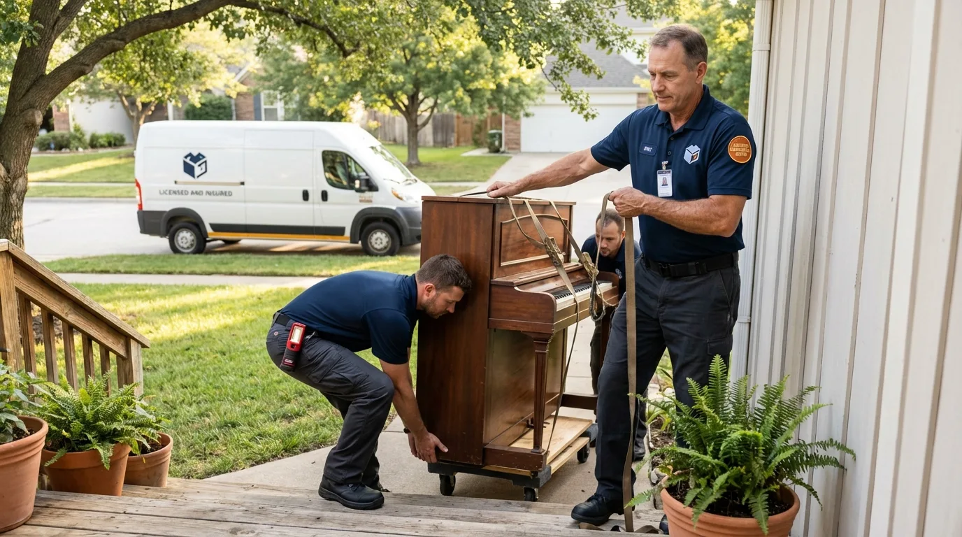 Licensed piano movers securing grand piano in Hummelstown, PA