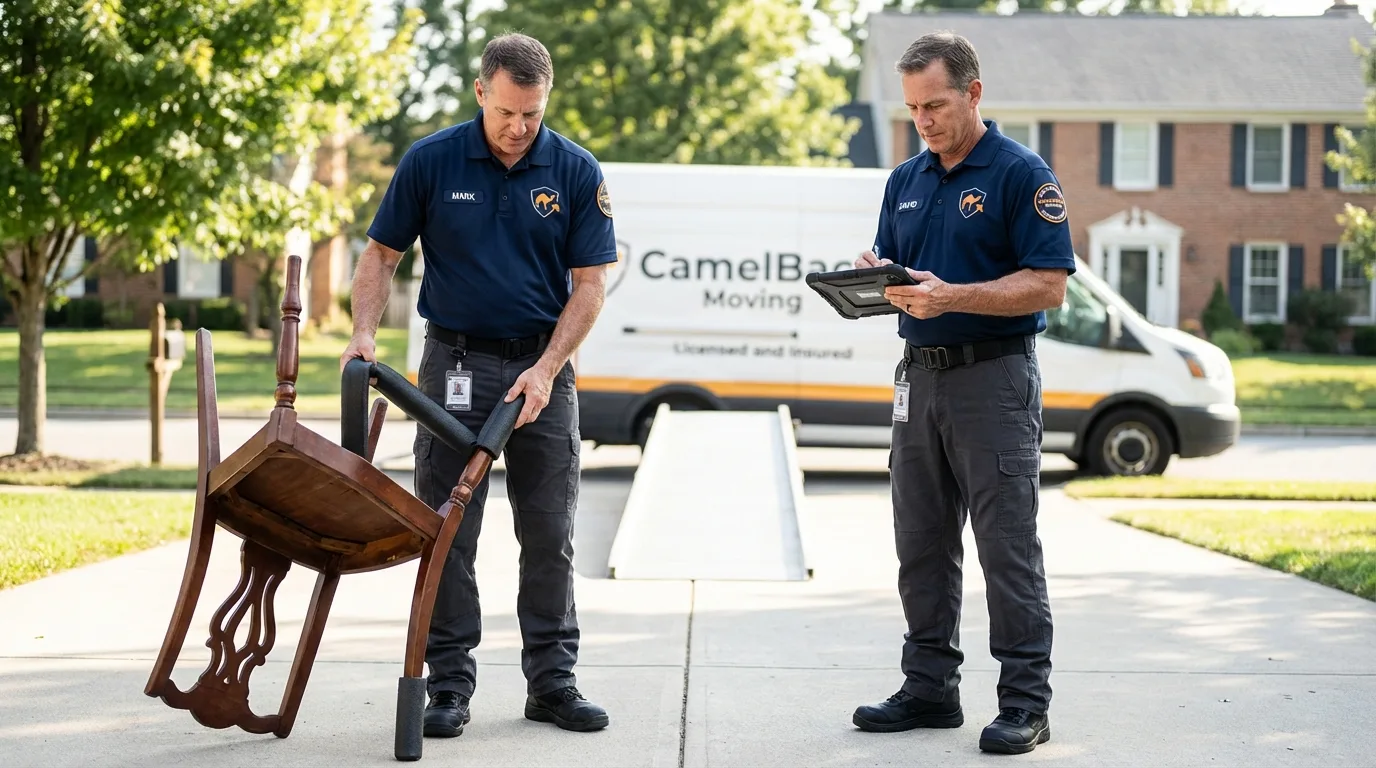 Movers inspecting furniture for damage prevention before loading in Hummelstown, PA