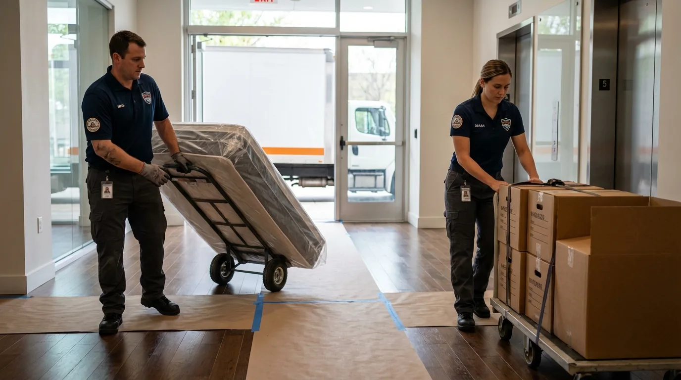 Professional apartment movers loading elevator in Hummelstown, PA