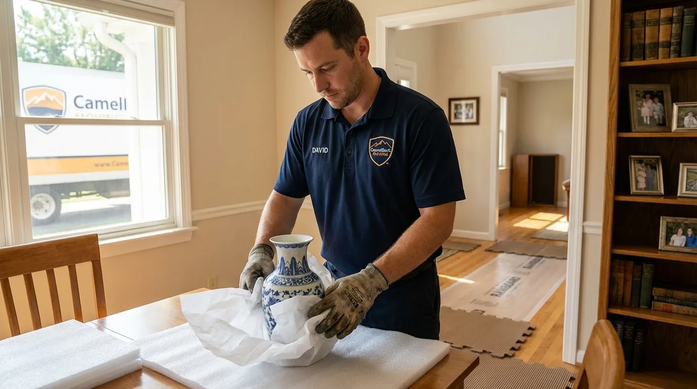 Professional crew carefully wrapping antique vase for senior downsizing move in Hummelstown, PA